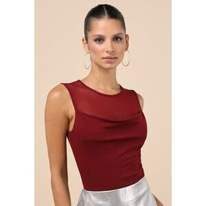 Lulus Corrine Dark Red Mesh Cowl Tank Top - Size S